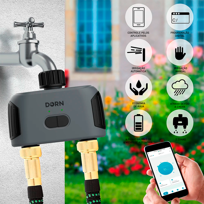 Irrigador Automático Dorn Temporizador Hortas E Jardins + Hub Bt