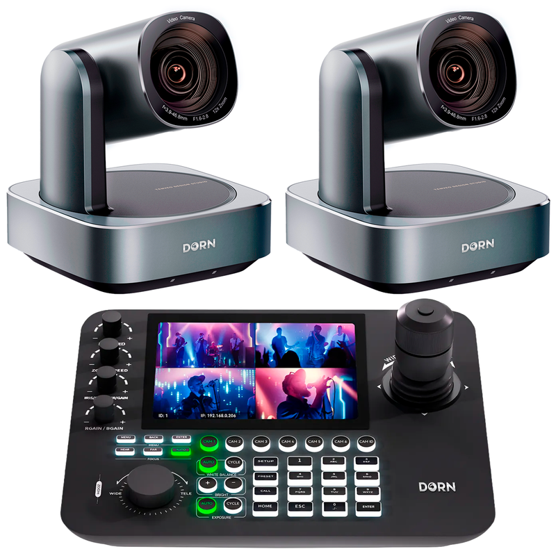 Kit 2 Câmeras Robóticas Ptz 4k 12x Dorn Hdmi Usb Rj45 NdiHX2 POE + Controladora PTZ Multiview + 2 Suportes de Parede