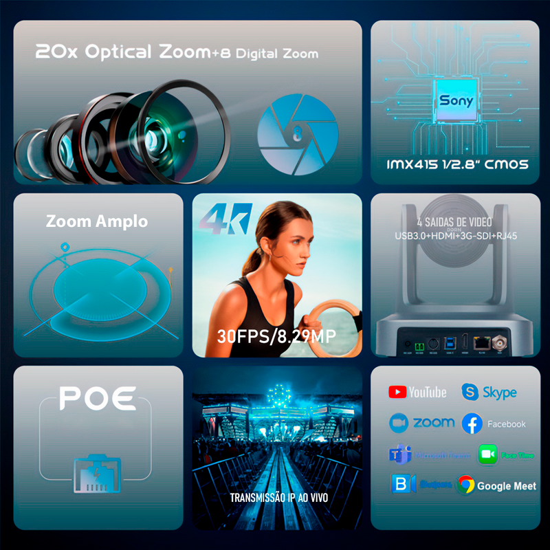 Kit 4 Câmeras Robóticas Ptz 4k 20x IA Dorn Hdmi Usb SDI NdiHX2 POE + Controladora PTZ Multiview + 4 Suportes de Parede