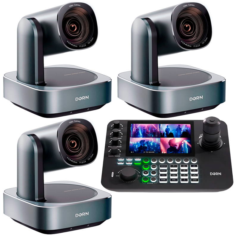 Kit 3 Câmeras Robóticas Ptz 4k 12x Dorn Hdmi Usb Rj45 NdiHX2 POE + Controladora PTZ Multiview + 3 Suportes de Parede