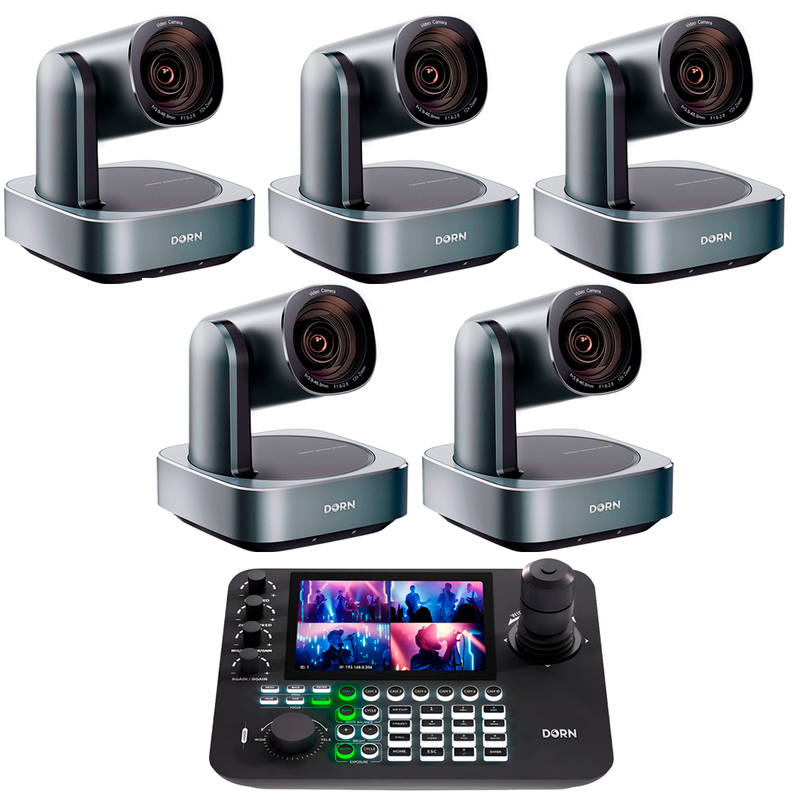 Kit 5 Câmeras Robóticas Ptz 4k 12x Dorn Hdmi Usb Rj45 NdiHX2 POE + Controladora PTZ Multiview + 5 Suportes de Parede