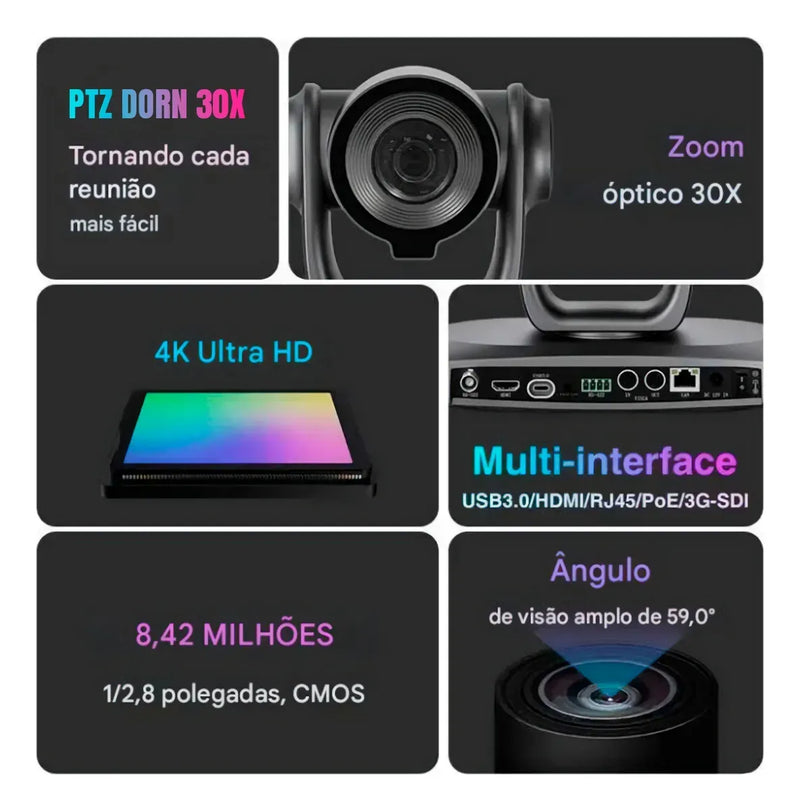 2x Câmera Robótica PTZ Dorn 30xU 4K HDMI NDI|HX Webcam + Controladora (Kit com Duas Câmeras PTZ 4K Zoom 30x + 1 Controladora)