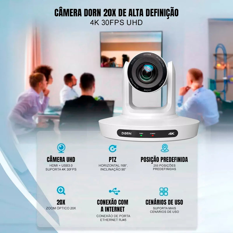 Câmera Robótica Dorn Ptz 20X 4K Ultra HD Hdmi Rj45 Usb Poe