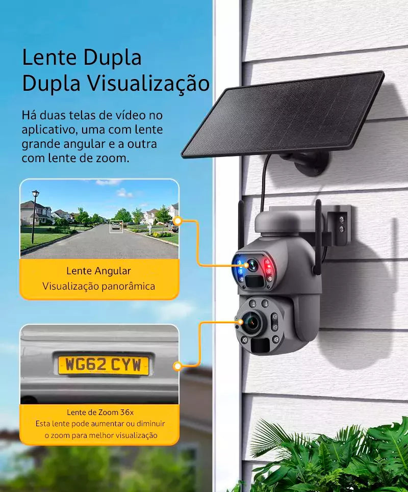 Câmera De Segurança Solar Zoom 36x Wifi ou 4G + Lente Dupla 4k + Visão Noturna 100m