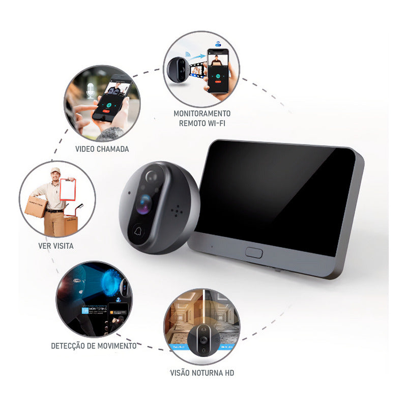 Câmera Olho Mágico Digital Dorn - Full HD 1080P, Visor 4,3", Áudio Bidirecional e Wi-Fi