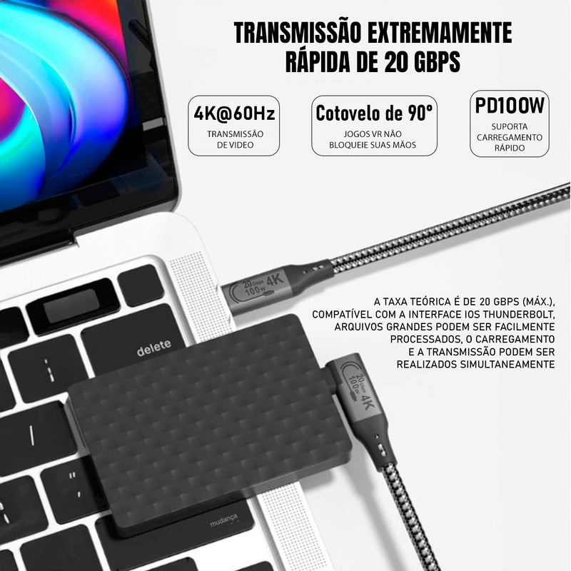 Cabo Dorn Turbo Usb-c Thunderbolt 4.0 20gbps Pd 100w 2 Pontas Tipo-c 5m