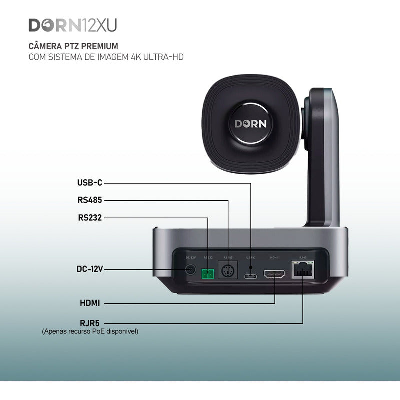 Câmera Robótica Dorn Ptz 4k 12x Hdmi Rj45 Usb Ndi Hx2 Poe