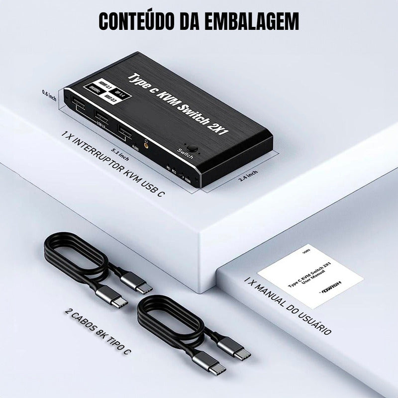 Hub Kvm Switch Usb-c de 2 Notebooks Para 1 Tela 8k, 3x Usb e Pd