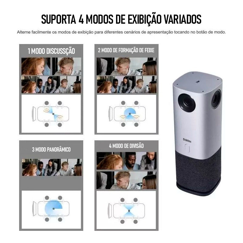 Câmera Videoconferência Dorn Webcam 360 Graus 4 Microfones