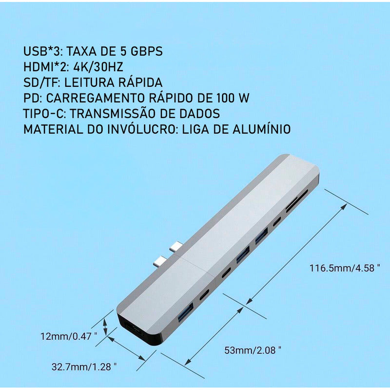 Hub USB-C Dorn 10 em 1 Modular - Docking Station com Conexão Magnética, Saídas Dual HDMI 4K e PD 100W