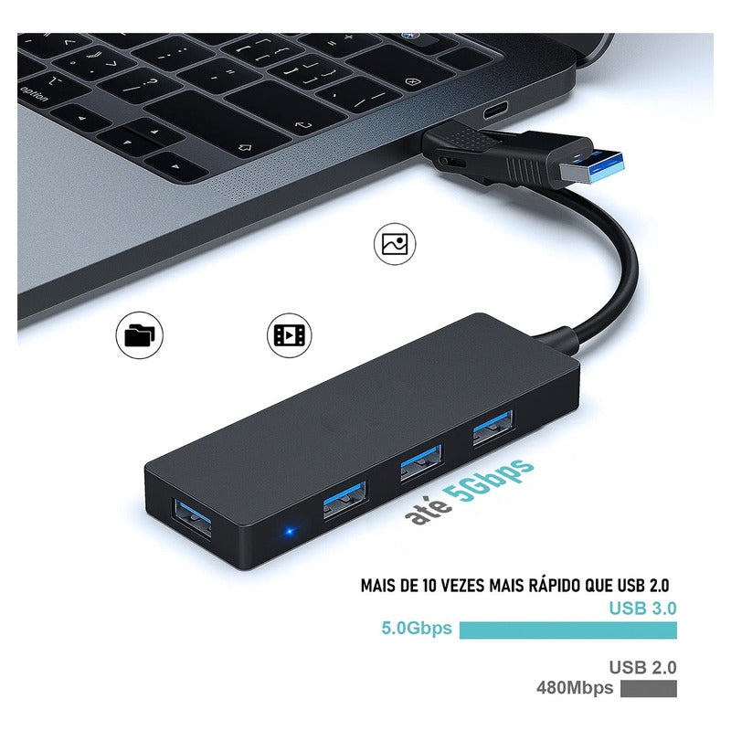 Hub USB Dorn 3.0 4 Portas - Conexão Dupla Type-A/Type-C, 5 Gbps, Alta Velocidade