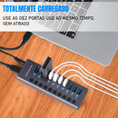 Hub 10 Portas USB 3.0 5Gbps Switch Individual Em Alumínio