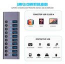 Hub 10 Portas USB 3.0 5Gbps Switch Individual Em Alumínio