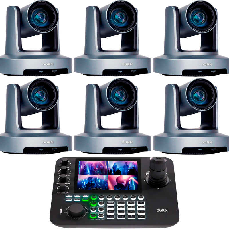 Kit 6 Câmeras Robóticas Ptz 4k 20x IA Dorn Hdmi Usb SDI NdiHX2 POE + Controladora PTZ Multiview + 6 Suportes de Parede