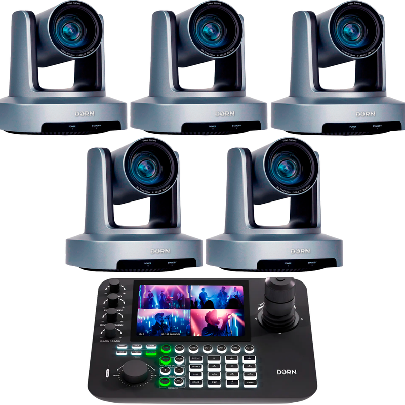 Kit 5 Câmeras Robóticas Ptz 4k 20x IA Dorn Hdmi Usb SDI NdiHX2 POE + Controladora PTZ Multiview + 5 Suportes de Parede