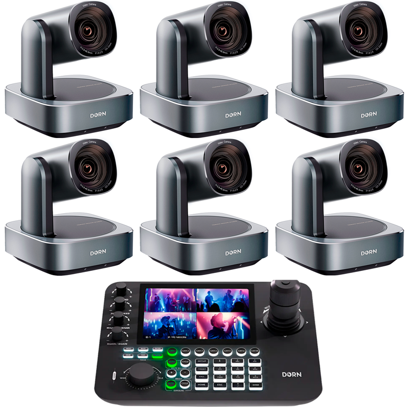 Kit 6 Câmeras Robóticas Ptz 4k 12x Dorn Hdmi Usb Rj45 NdiHX2 POE + 2x Controladoras PTZ Multiview + 6 Suportes de Parede