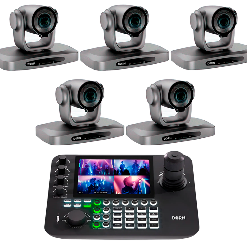 Kit 5 Câmeras Robóticas Ptz 4k 30x IA Dorn Hdmi Usb SDI NdiHX2 POE + Controladora PTZ Multiview + 5 Suportes de Parede