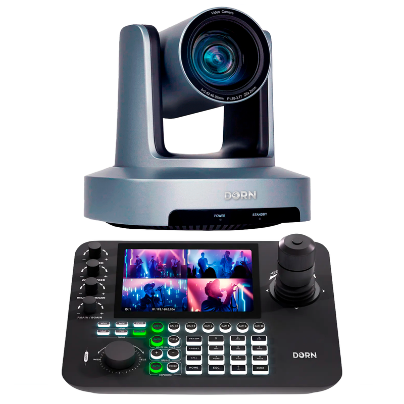 Kit 1 Câmera Robótica Ptz 4k 20x IA Dorn Hdmi Usb SDI NdiHX2 POE + Controladora PTZ Multiview + 1 Suporte de Parede