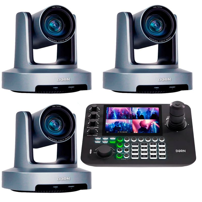 Kit 3 Câmeras Robóticas Ptz 4k 20x IA Dorn Hdmi Usb SDI NdiHX2 POE + Controladora PTZ Multiview + 3 Suportes de Parede