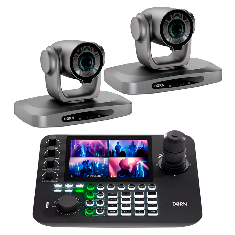 Kit 2 Câmeras Robóticas Ptz 4k 30x IA Dorn Hdmi Usb SDI NdiHX2 POE + Controladora PTZ Multiview + 2 Suportes de Parede