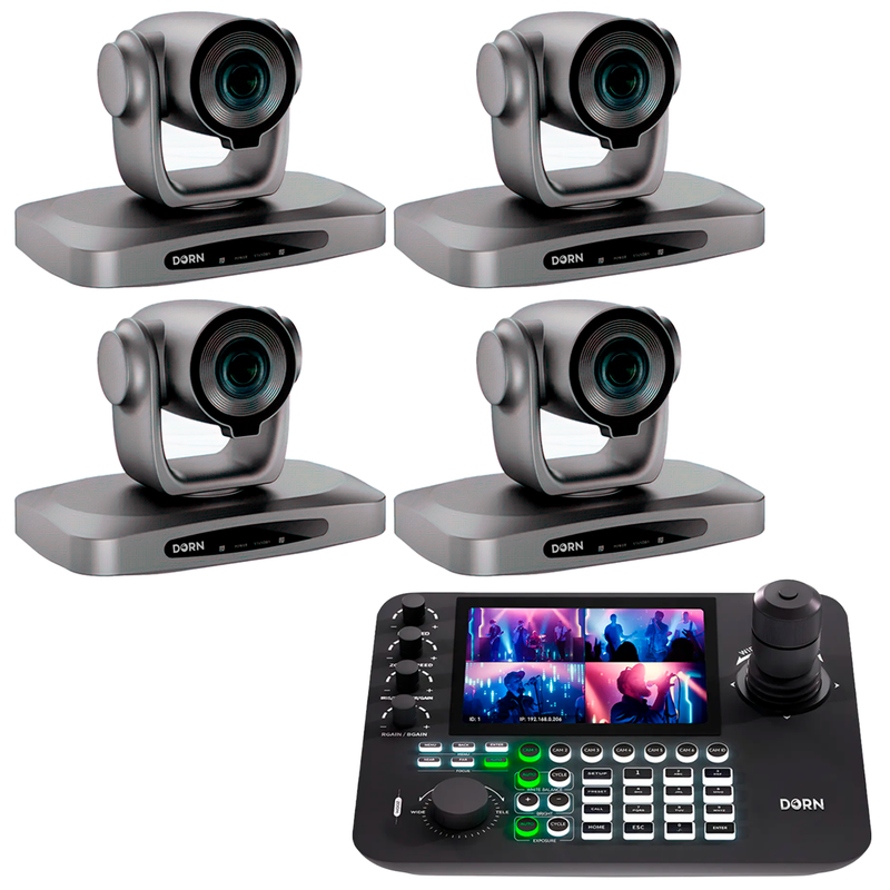 Kit 4 Câmeras Robóticas Ptz 4k 30x IA Dorn Hdmi Usb SDI NdiHX2 POE + Controladora PTZ Multiview + 4 Suportes de Parede
