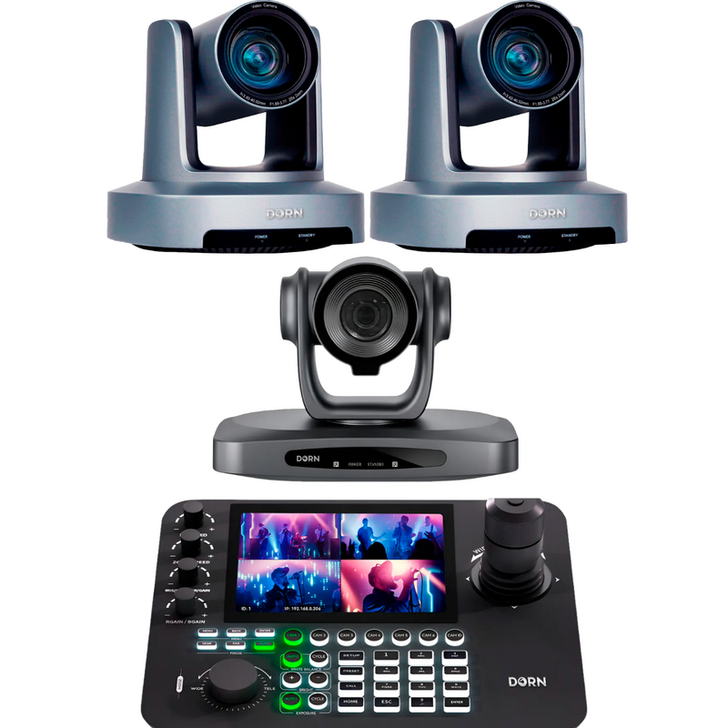 Kit 3 Câmeras Robóticas Ptz 4k 20x e 30x IA Dorn Hdmi Usb SDI NdiHX2 POE + Controladora PTZ Multiview + 3 Suportes de Parede